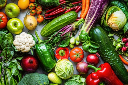 Fresh healthy organic vegetables background Overhead view of fresh healthy organic vegetables background. High resolution 42Mp studio digital capture taken with SONY A7rII and Zeiss Batis 40mm F2.0 CF photo