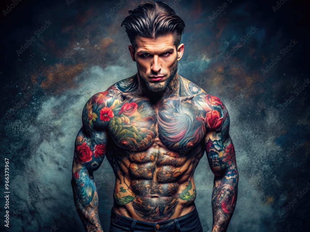 A muscular male model with numerous colorful tattoos covering his entire back, including skulls, roses, and abstract designs, standing in a dimly lit studio setting. A muscular male model with numerous colorful tattoos covering his entire back, including skulls, roses, and abstract designs, standing in a dimly lit studio setting.