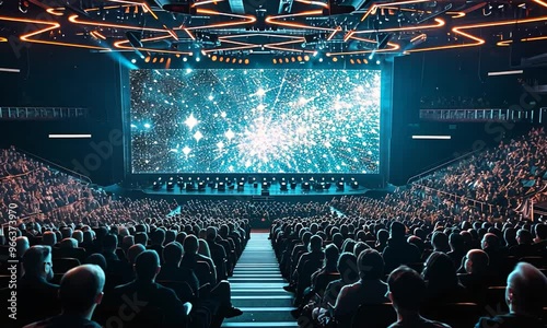 A large crowd of people are watching a movie on a big screen