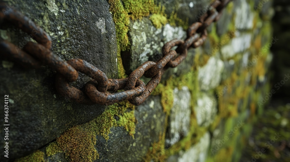 A close-up of a rusty chain against a moss-covered stone wall.