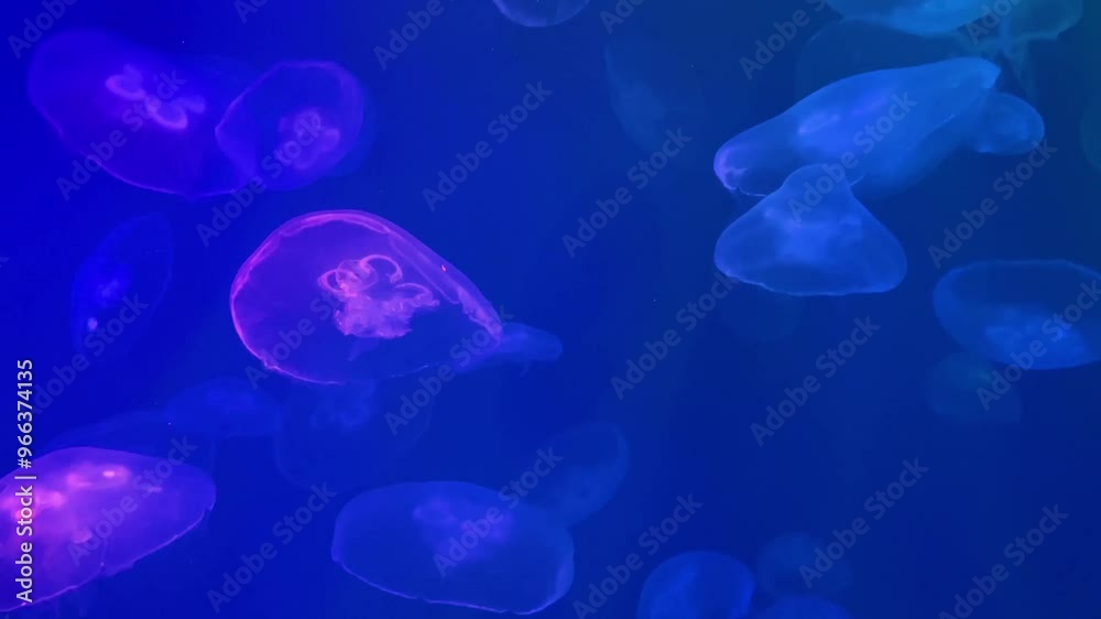 Background of jellyfish. Colorful Jellyfish underwater, Jellyfish moving in water. Beautiful light reflection on Jellyfish in the aquarium. Background of jellyfish. Colorful Jellyfish underwater, Jellyfish moving in water. Beautiful light reflection on Jellyfish in the aquarium.