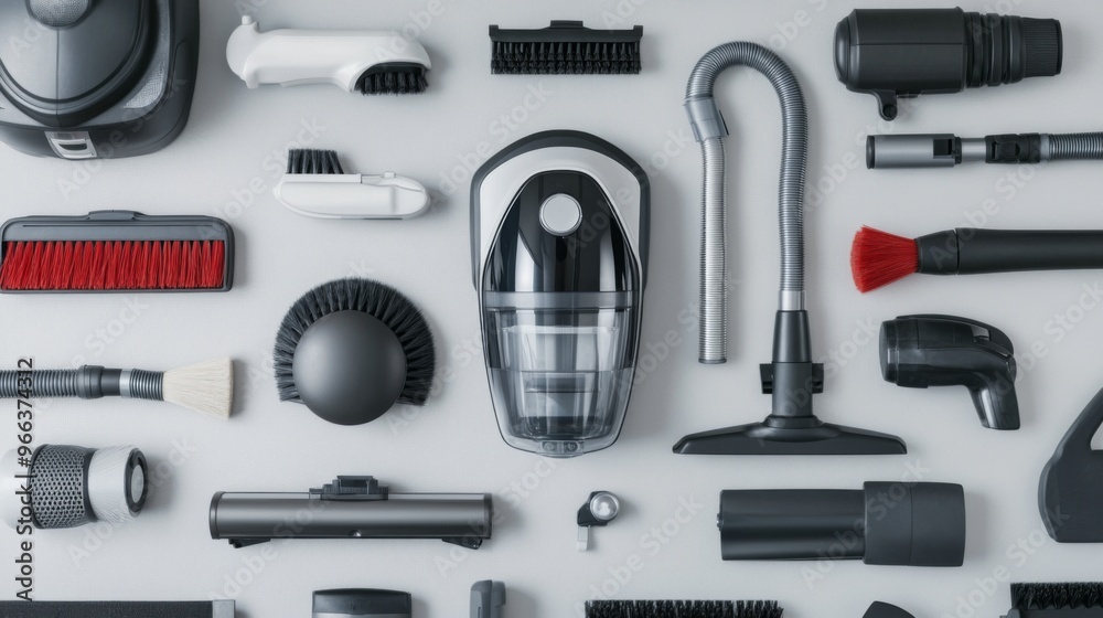 A vacuum cleaner with various attachments laid out on a clean surface, showing versatility for different cleaning tasks and surfaces. A vacuum cleaner with various attachments laid out on a clean surface, showing versatility for different cleaning tasks and surfaces.