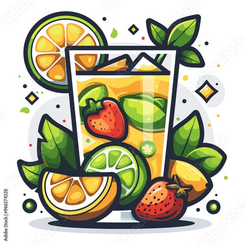 A glass of fruit juice with a strawberry, lime, and orange in it. The juice is served in a tall glass with a green leaf on top