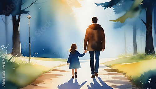 parent child walk away symbolizing encouragement watercolor illustration abstractly depicts parenting encouragement childhood walking righteous path