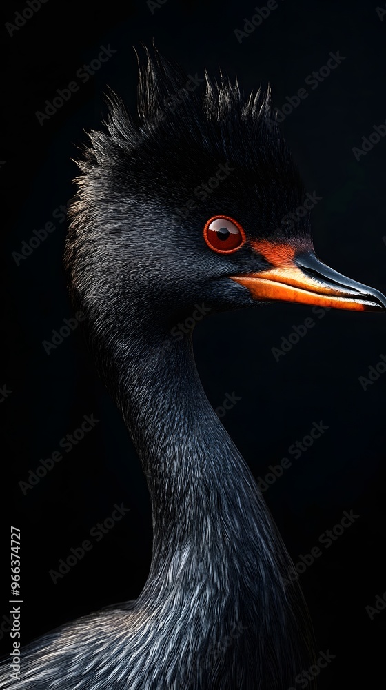 Fototapeta premium Black-necked Grebe Bird on Black Background, Photo Realistic, Wallpaper, Cover and Screen for Smartphone, PC, Laptop, 9:16 and 16:9 Format