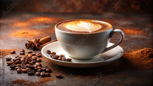 An Artfully Arranged Cup Of Coffee With Frothy Milk And A Dusting Of Cocoa Powder, Set Against A Minimalistic Background.