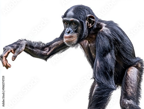 inquisitive bonobo stands with its hand outstretched, highlighting the elegance of its slim body and the expressiveness of its face against a stark white background. photo