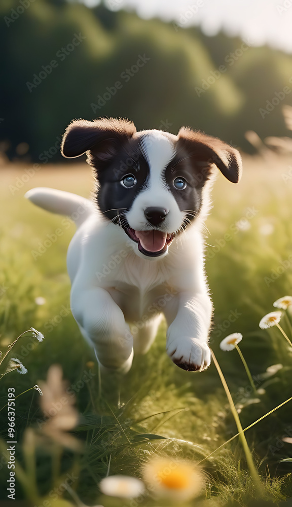 playful puppy sprints lush meadow sunny day playful puppy sprints lush meadow sunny day