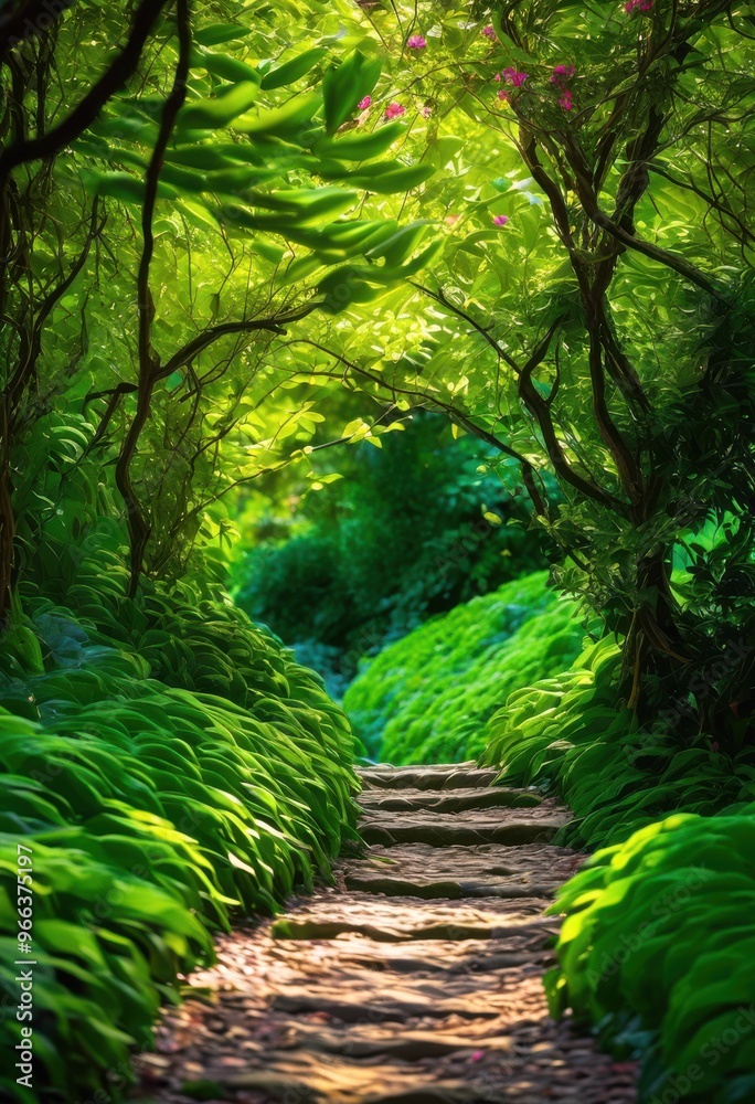 Fototapeta premium vibrant trails winding through lush green landscapes flourishing vegetation colorful flora, adventure, biodiversity, bright, countryside, colors, ecosystem