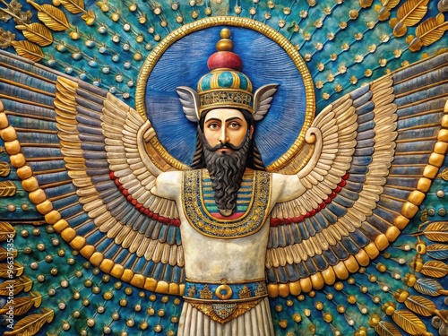 Ancient Persian winged deity with radiant halo and benevolent gaze, surrounded by intricate hieroglyphics and ornate patterns, evoking wisdom, power, and eternal spirituality. photo