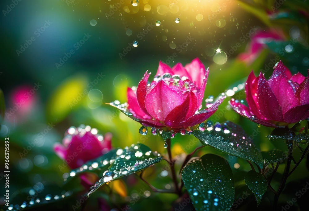 Obraz premium close vibrant garden showcasing sparkling dew beads lush greenery colorful petals, dewdrops, nature, plants, flowers, macro, leaves, blossoms, texture, light