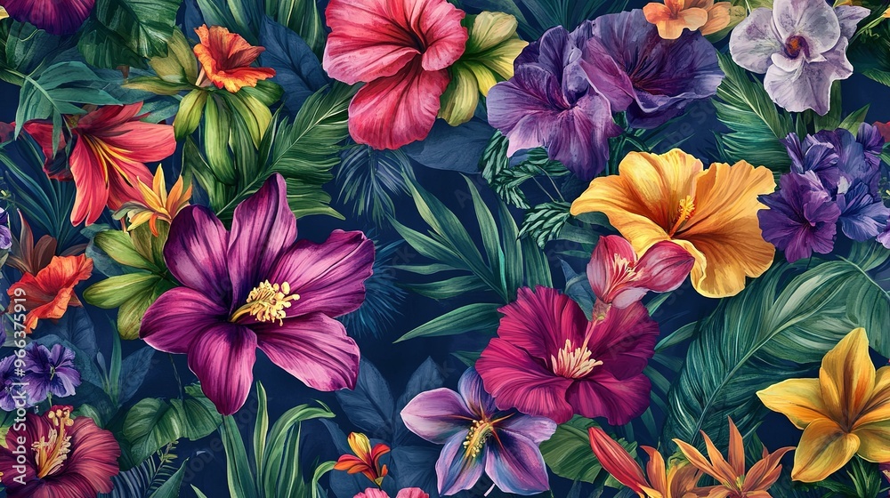 Vibrant tropical floral pattern showcasing diverse flowers against a dark background Vibrant tropical floral pattern showcasing diverse flowers against a dark background