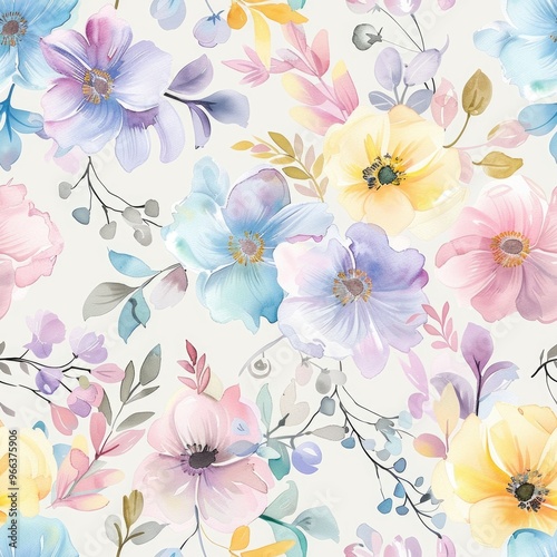 Watercolor floral seamless pattern with pastel blooms for fabric design and home decor. AI