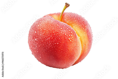 A close-up view of a fresh peach, glistening with water droplets on its smooth skin, capturing the fruit's juicy allure and healthy appeal, perfect for culinary or health-themed visuals.