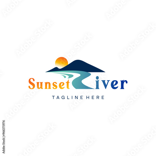 landscape mountain with river logo design vector illustration. white background