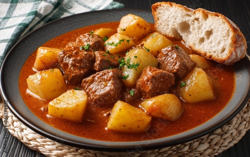 A hearty beef stew with potatoes, garnished with herbs, served alongside a piece of bread on a rustic table.