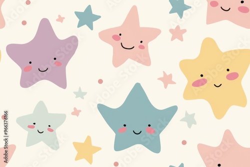 Whimsical starry pattern with smiling stars for playful designs. AI