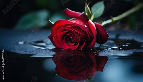 red rose sat puddle deep dark red blood symbolized passion romance love treason betrayal desire intensity heart emotion beauty eleg photo