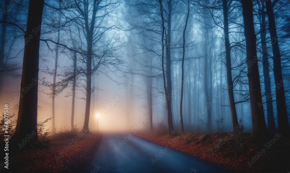 Obraz premium A foggy forest road winds through tall trees at dusk
