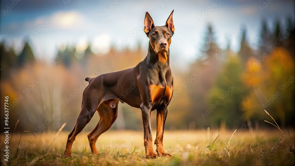 A Photo Of A Brown Doberman Pinscher Standing Alert With Ears Pointed Upright And A Serious Expression. A Photo Of A Brown Doberman Pinscher Standing Alert With Ears Pointed Upright And A Serious Expression.