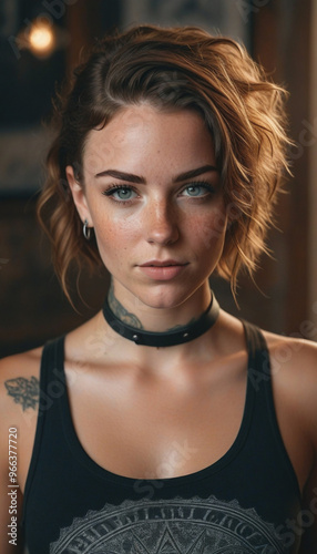 Fashionable Young Woman with Wavy Hair, Freckles, and a Black Choker Necklace