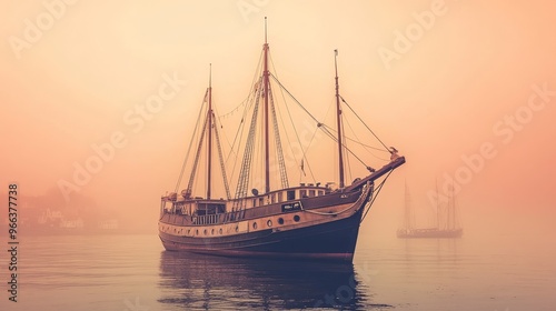 A vintage sailing ship anchored in a misty harbor at dawn, creating a serene and atmospheric scene.