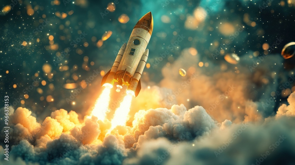 A vibrant rocket launches into the cosmos, surrounded by clouds and radiant bursts of fiery propulsion, symbolizing exploration. A vibrant rocket launches into the cosmos, surrounded by clouds and radiant bursts of fiery propulsion, symbolizing exploration.