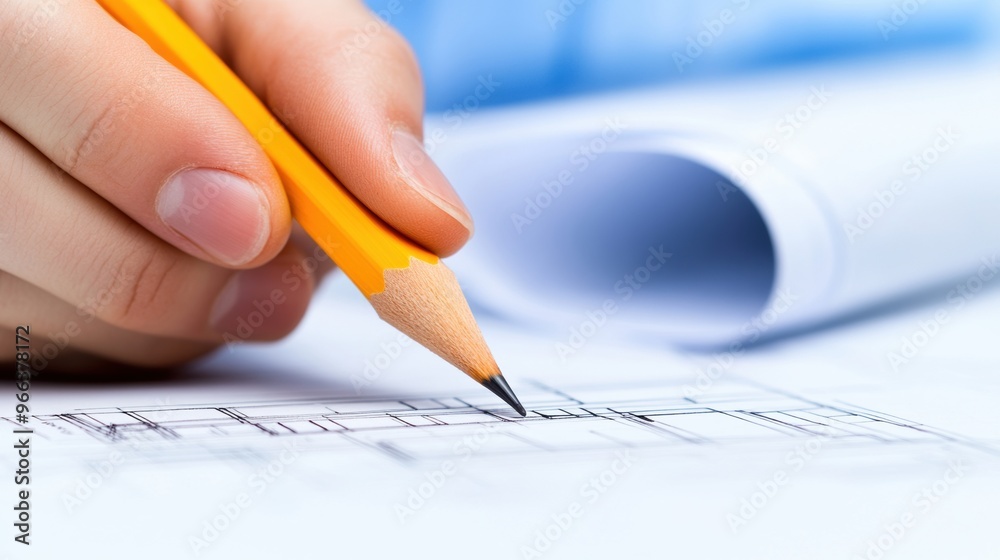 A person holding a pencil over some blueprints, AI A person holding a pencil over some blueprints, AI