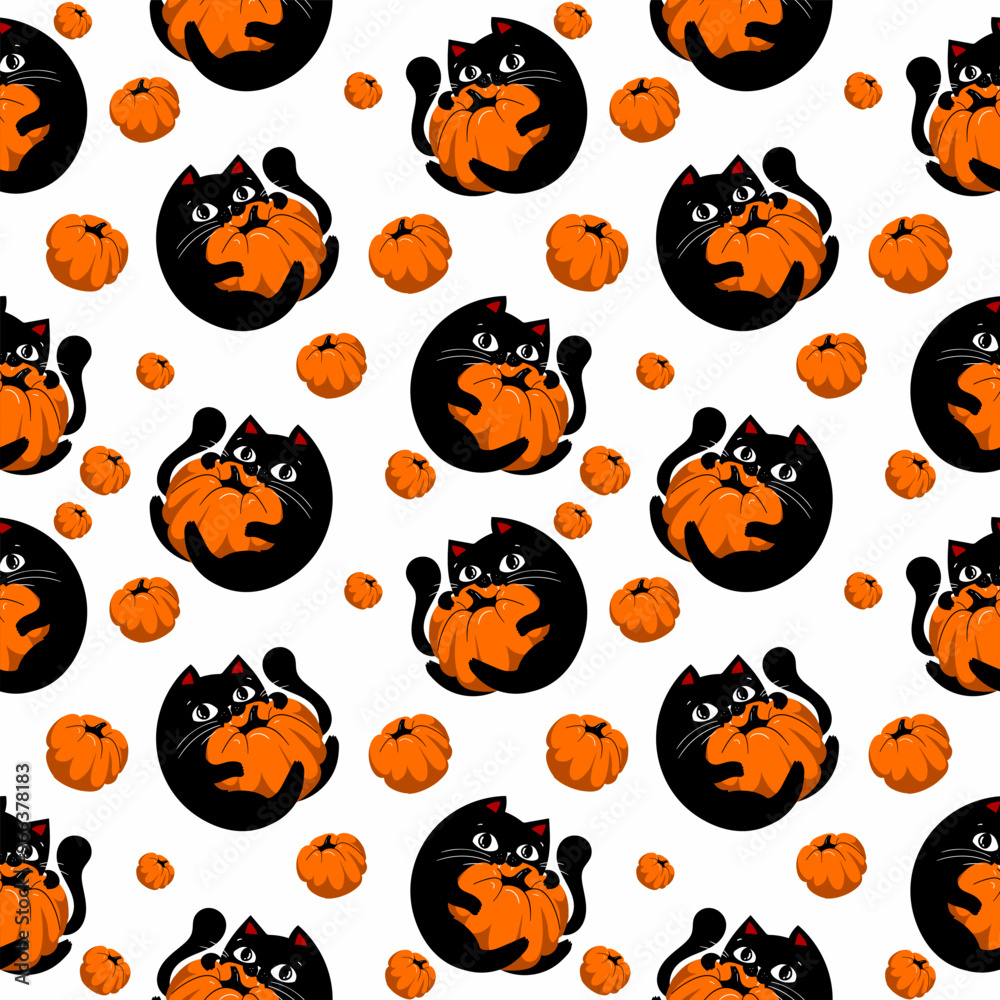 Seamless Halloween pattern with black cat and pumpkin, white background. Vector watercolor illustration. Seamless Halloween pattern with black cat and pumpkin, white background. Vector watercolor illustration.