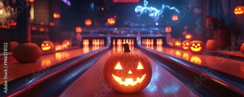 A vibrant Halloween scene featuring glowing jack-o'-lanterns on a bowling alley with spooky ambiance and festive decorations.