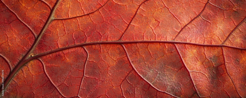 Fototapeta premium Close-up of a vibrant red leaf showcasing intricate textures and patterns, perfect for nature and seasonal themes.
