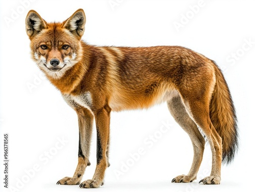 striking dingo stands poised and alert, its slim, muscular body highlighting its role as a unique predator. The simplicity of the white background emphasizes its wild elegance. photo