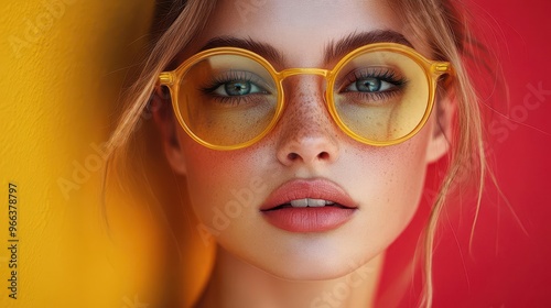 enigmatic womans closeup striking yellow sunglasses bold red and yellow background high contrast fashionforward contemporary portrait vibrant color blocking