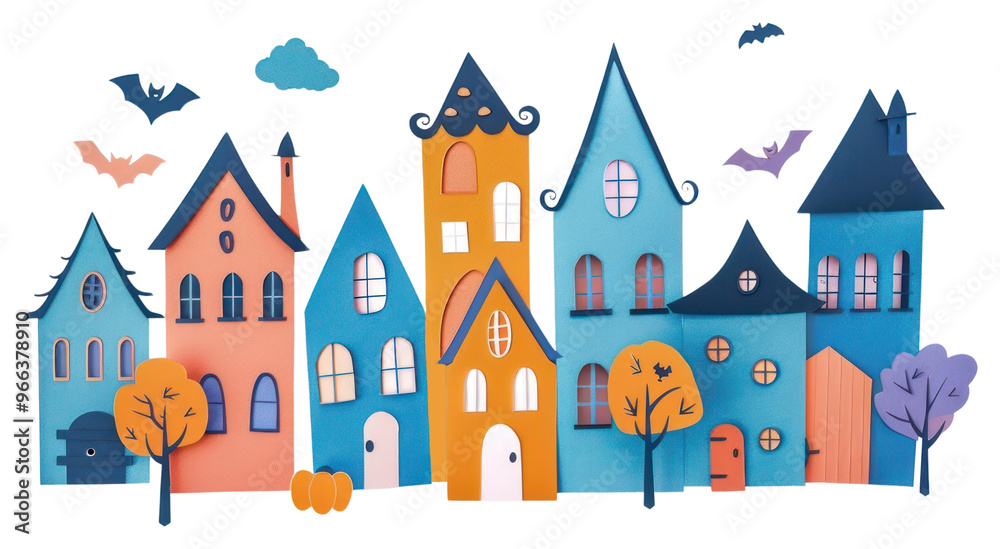 PNG Colorful whimsical Halloween village illustration PNG Colorful whimsical Halloween village illustration