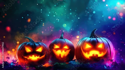 Wallpaper Mural Three spooky Halloween pumpkins glow under a colorful night sky, perfect for autumn-themed decorations or festive celebrations. Torontodigital.ca