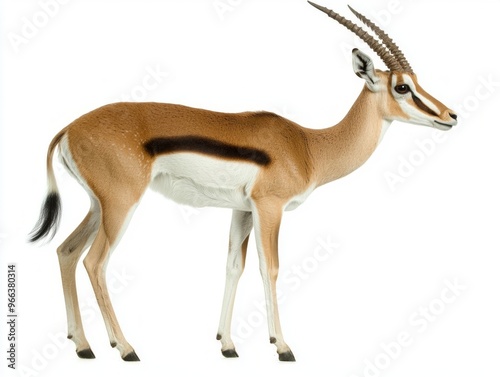 gazelle stands elegantly in profile, its long, curved horns emphasizing its graceful form