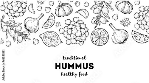 Hummus packaging design template. Cooking and ingredients for hummus. Sketch illustration. Middle eastern cuisine frame. Healthy food recipe, design elements. Hand drawn, package design.