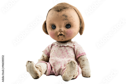 An antique baby doll wearing a floral dress, with worn features and signs of aging showing its past. The doll's vintage charm and details make it a special collectible item. photo