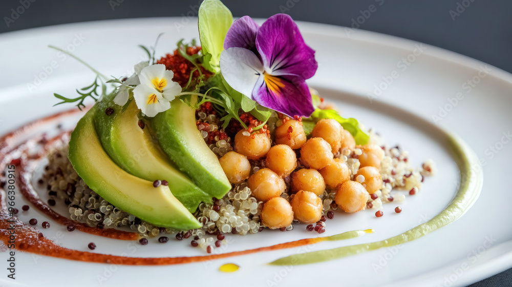 gourmet vegan dish with avocado, quinoa, and chickpeas garnished with edible flowers gourmet vegan dish with avocado, quinoa, and chickpeas garnished with edible flowers