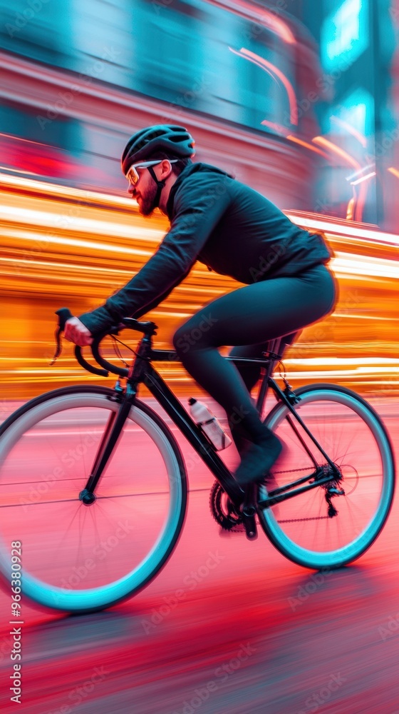 Fototapeta premium A man riding a bike down the street at night, AI