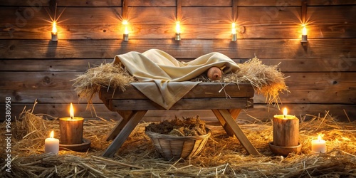 A serene nativity scene featuring a rustic wooden manger adorned with fresh hay, surrounded by gentle candlelight and draped in soft, warm fabrics. photo