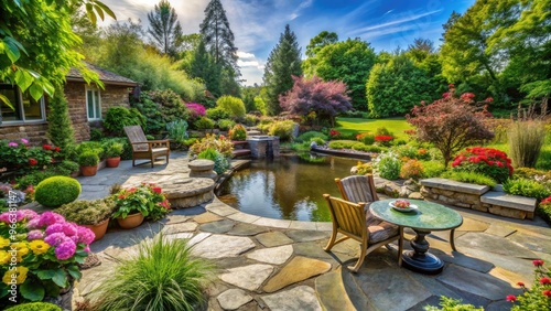 A serene outdoor space featuring a beautifully landscaped flagstone patio surrounded by lush greenery, vibrant flowers, and a tranquil water feature under a sunny sky. photo