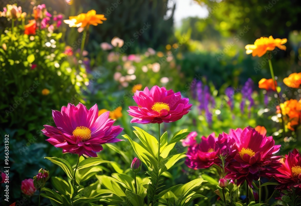 vibrant garden showcase featuring colorful blooming flowers lush green foliage picturesque landscape setting, art, botanical, blooms, backyard, bright vibrant garden showcase featuring colorful blooming flowers lush green foliage picturesque landscape setting, art, botanical, blooms, backyard, bright