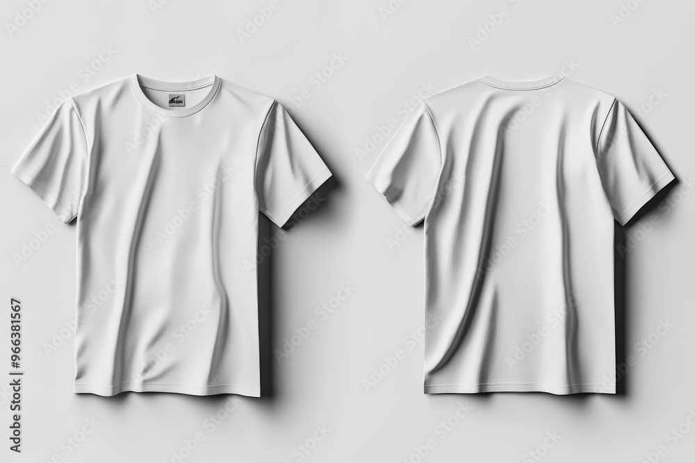 A realistic white T shirt is displayed from both front and back views, showcasing its clean design and smooth fabric texture. This versatile piece is perfect for casual wear or as base layer. A realistic white T shirt is displayed from both front and back views, showcasing its clean design and smooth fabric texture. This versatile piece is perfect for casual wear or as base layer.