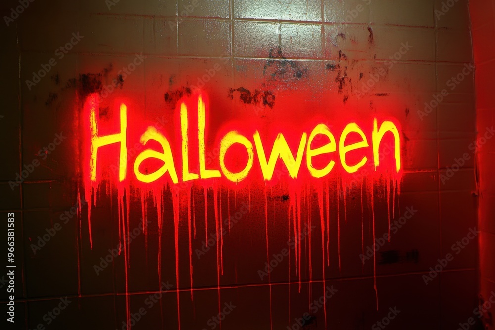 Glowing red Halloween text with a dripping effect on a grimy tiled wall, creating a graffiti-like appearance Glowing red Halloween text with a dripping effect on a grimy tiled wall, creating a graffiti-like appearance