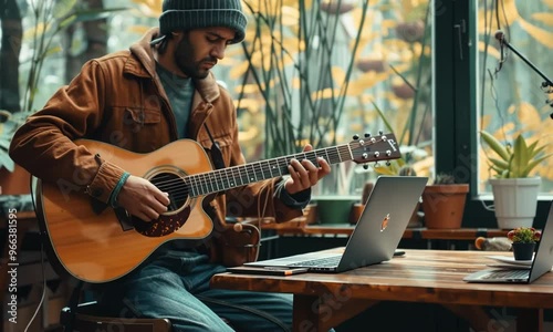 A musician performing a soulful melody on a guitar in a cozy coffee shop, setting the mood with soothing music. Video