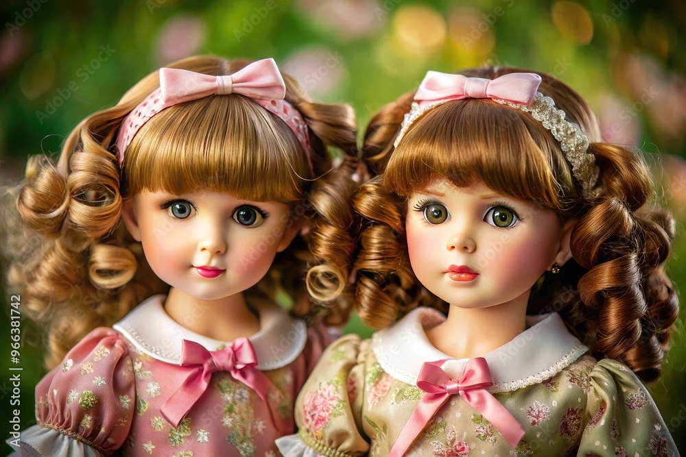 A set of identical twin dolls with slight variations in hairstyle, dress, and accessories, inviting viewers to spot the subtle differences between them. A set of identical twin dolls with slight variations in hairstyle, dress, and accessories, inviting viewers to spot the subtle differences between them.