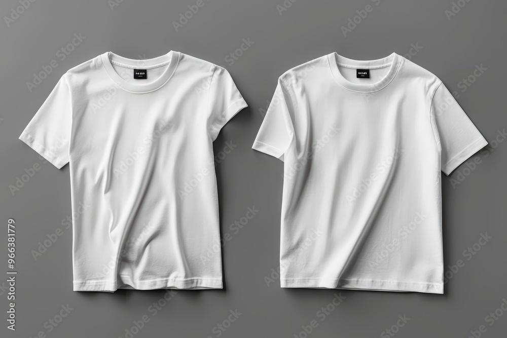 A realistic white T shirt displayed in front and back views, showcasing its clean design and versatile style. Perfect for casual wear or layering options. A realistic white T shirt displayed in front and back views, showcasing its clean design and versatile style. Perfect for casual wear or layering options.
