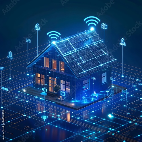 Futuristic smart home interiors showcase the Internet of Things (IoT) connectivity concept with networked devices and appliances.