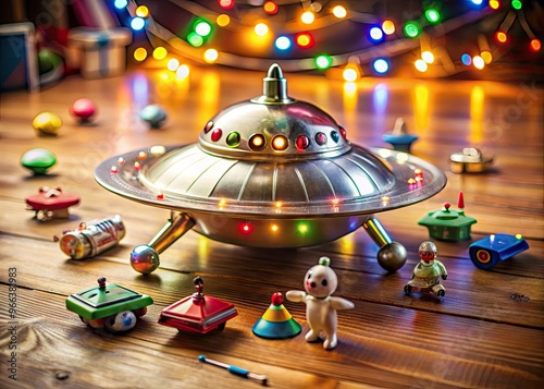 A shiny, metallic, retro-style flying saucer toy with flashing lights and spinning propellers sits on a wooden floor, surrounded by scattered toys and childhood keepsakes. photo